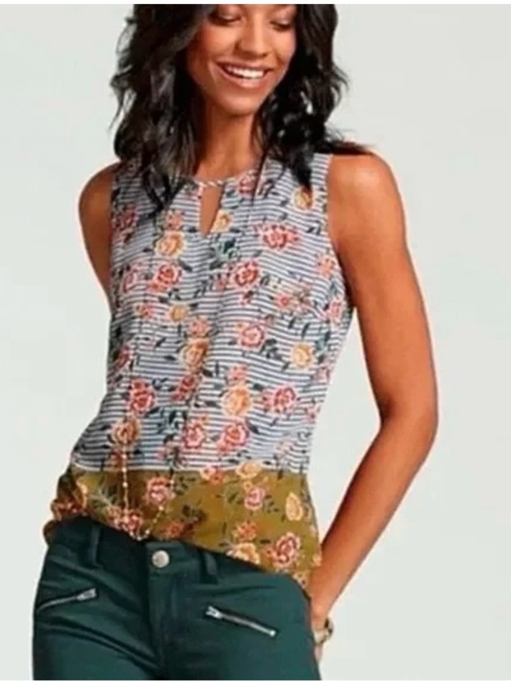 Cabi Medium Penelope Floral Striped Sleeveless Top
